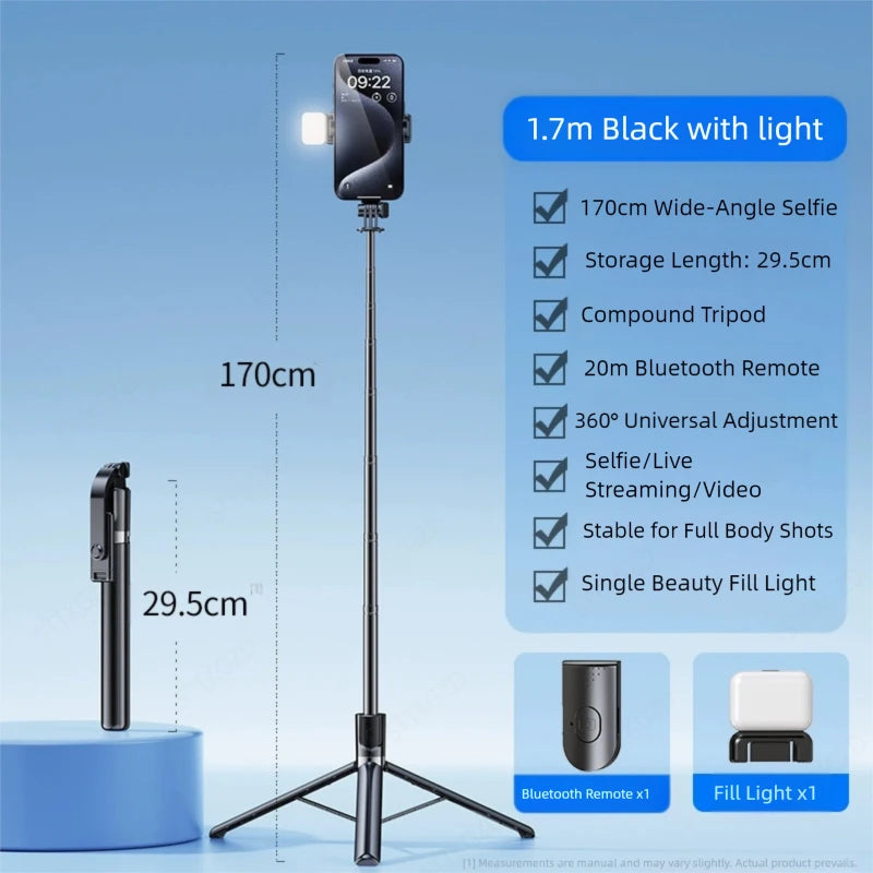 Ultra-Long 1.7m Bluetooth Selfie Stick Tripod โ Stainless Steel