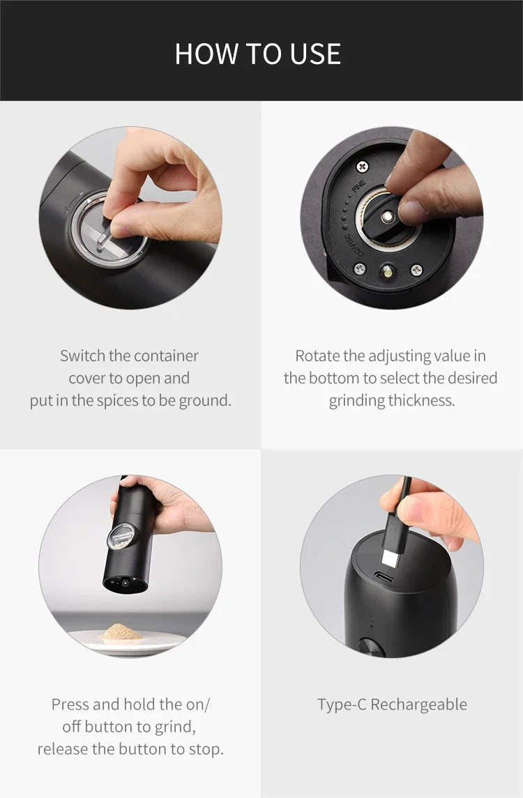 Electric Salt & Pepper Grinder Set – USB Rechargeable Automatic Pepper Mill with LED Light & Charging Base