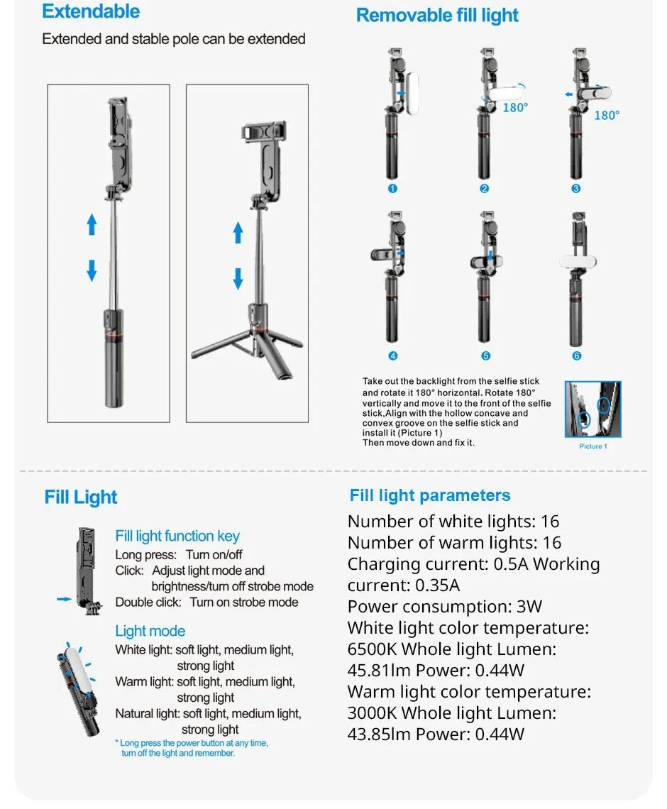 L15 Foldable Bluetooth Selfie Stick with Wireless Remote