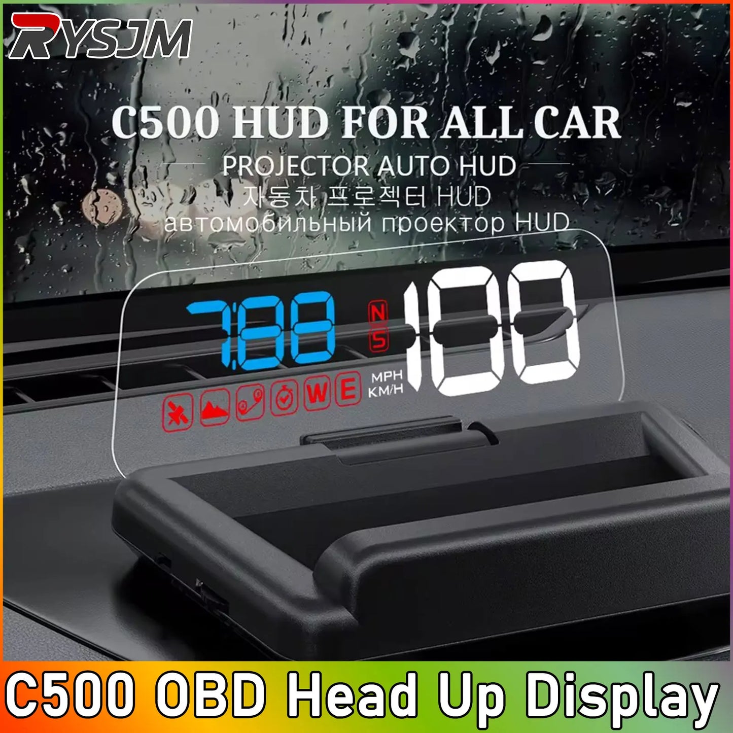 RYSJM C500 OBD Head-Up Display – Digital Speedometer HUD with RPM, Fuel Consumption & Multi-Alarm System (OBD II)