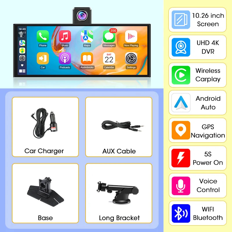 Develuck 10.26β Wireless CarPlay & Android Auto Smart Screen β Full HD Display with Optional 4K Camera