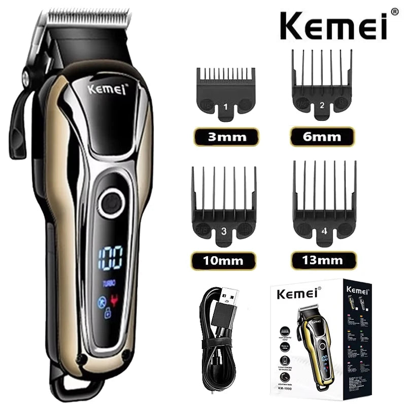 Kemei KM-1990 Electric Hair Trimmer – Digital Display, Fast Charging, Wet & Dry