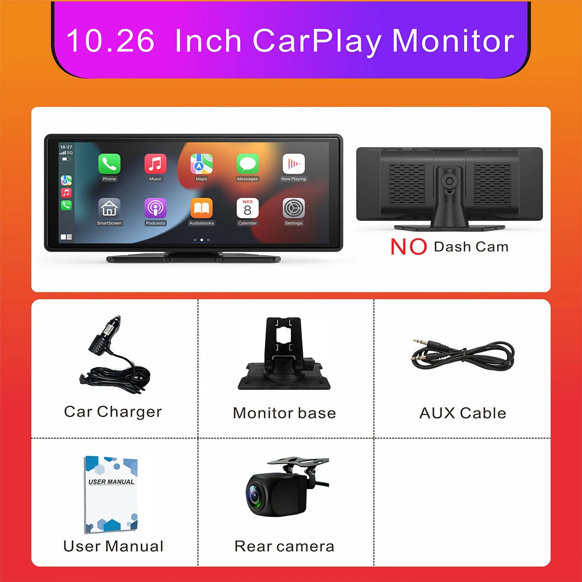 Pionray 10.26” Portable Wireless CarPlay & Android Auto Screen with Dual Camera Support