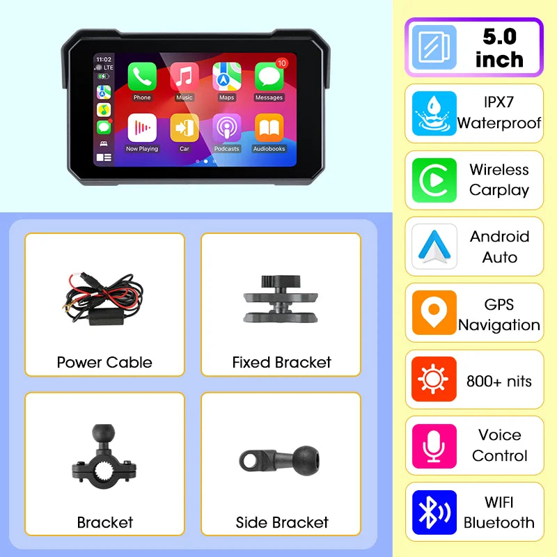 Jansite Portable Motorcycle CarPlay Screen – Dual Bluetooth, WiFi, IPX7 Waterproof