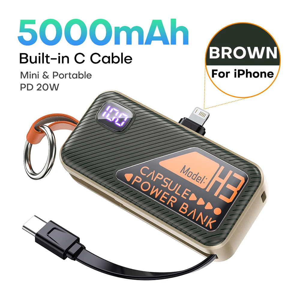 QOOVI Mini 5000mAh Power Bank 20W PD Fast Charge | Built-in USB-C Cable & Plug | Digital Display