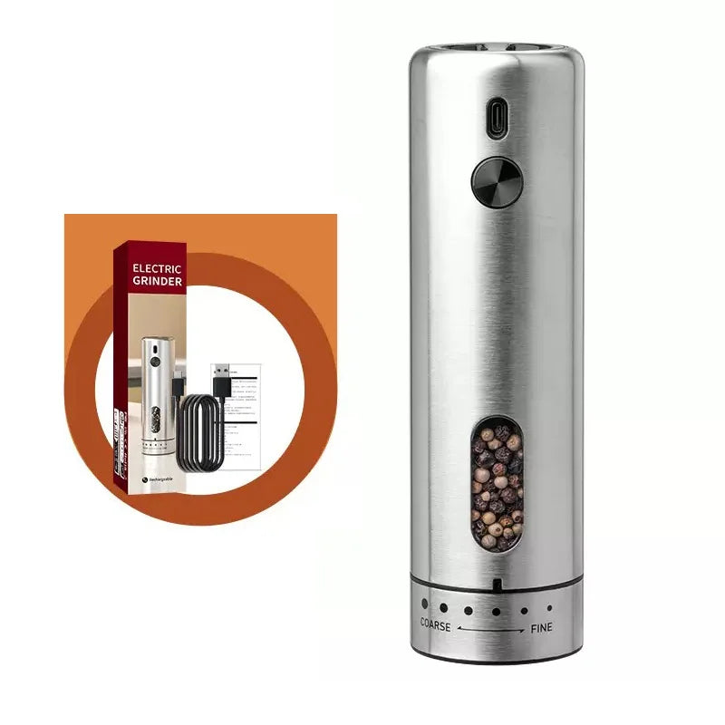 FLYMUYU Electric Salt & Pepper Grinder โ Rechargeable Stainless Steel Spice Mill with Adjustable Coarseness & LED Light