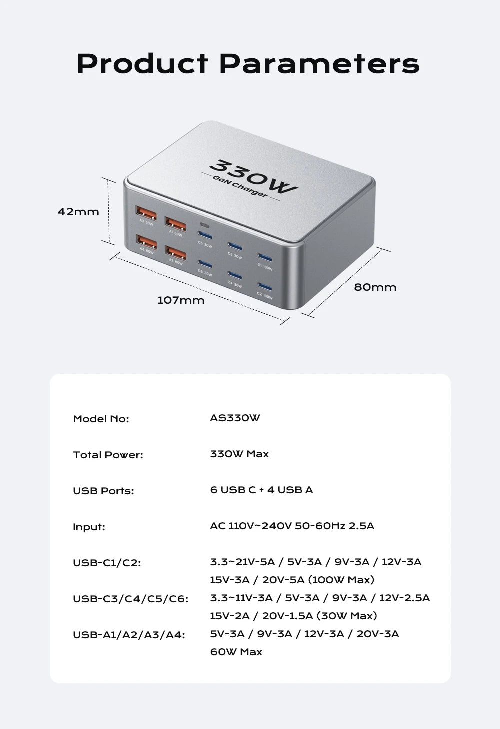 AS330W 330W GaN Desktop Charger – 10-Port USB-C & USB-A Fast Charging Station