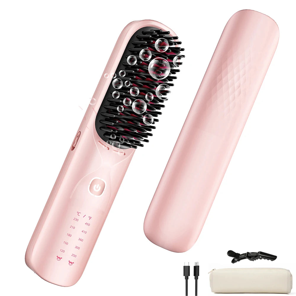 Cordless Hair Straightener Brush – Wireless, Adjustable Heat, Travel-Ready