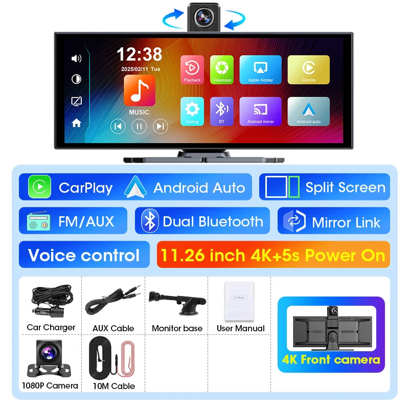 T369 11.26″ Wireless CarPlay Screen with 4K Rotatable Camera