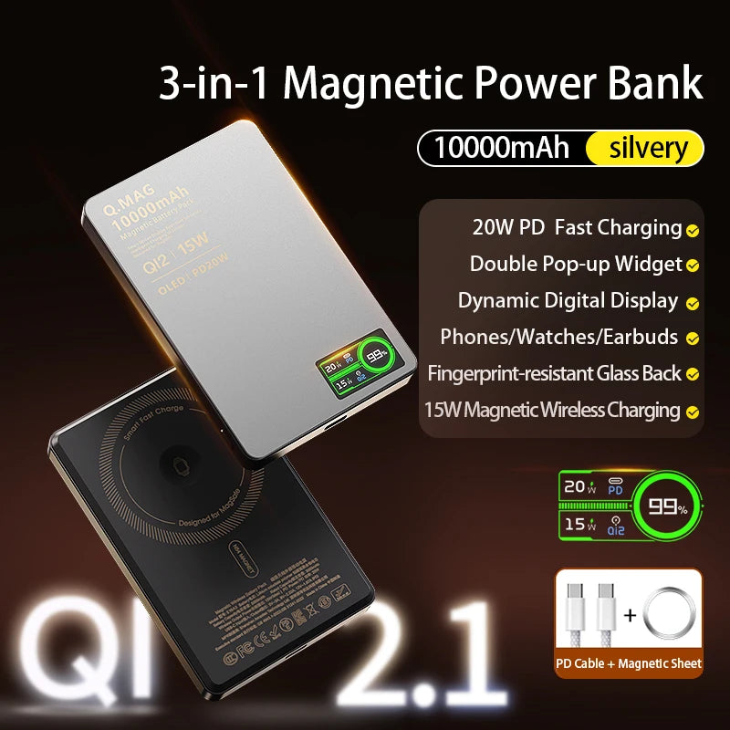 Magnetic Wireless Power Bank 5000/10000mAh β 3-in-1 Fast Charger with Digital Display