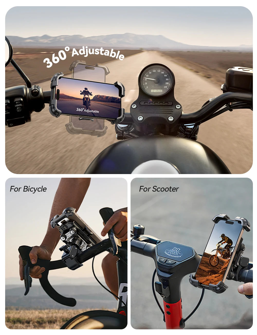 Anti-Vibration Motorcycle Phone Holder – 360° Handlebar Mount