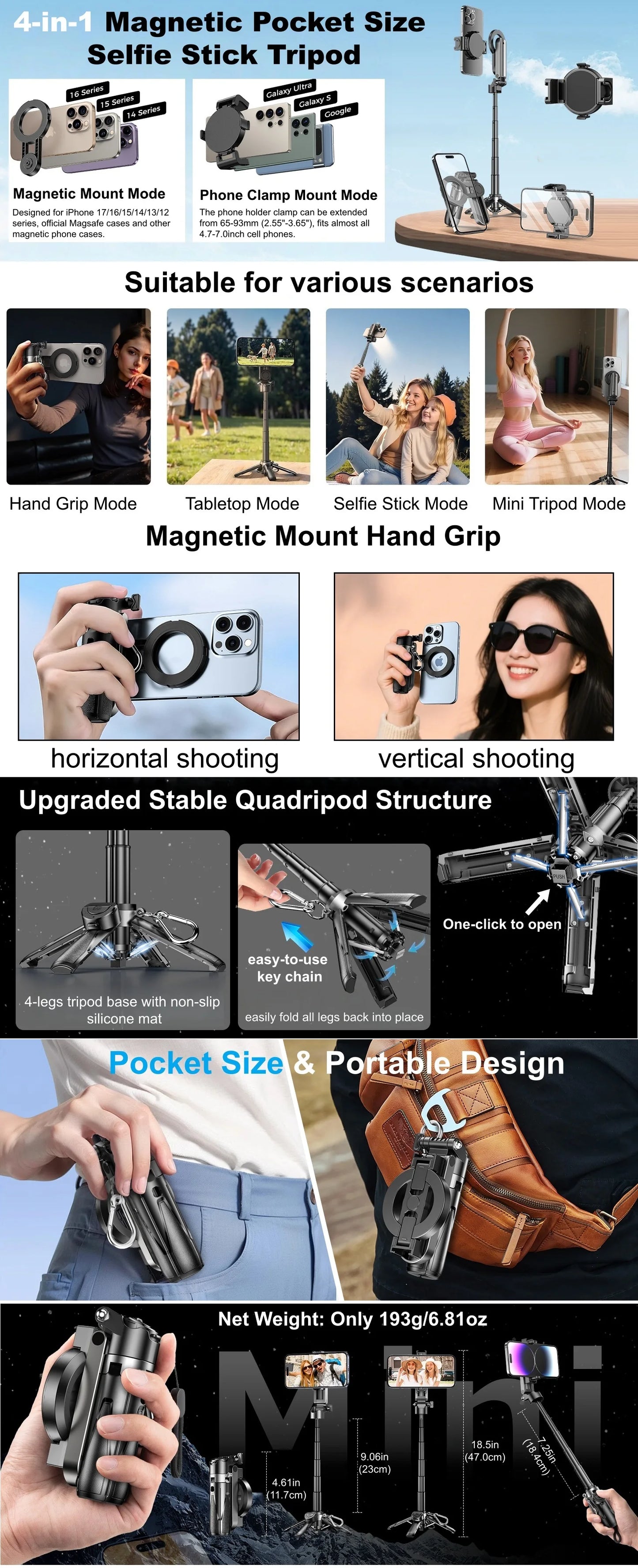 P15 MagSafe Mini Tripod Selfie Stick – Bluetooth Remote, Pocket-Size Vlogging Stand