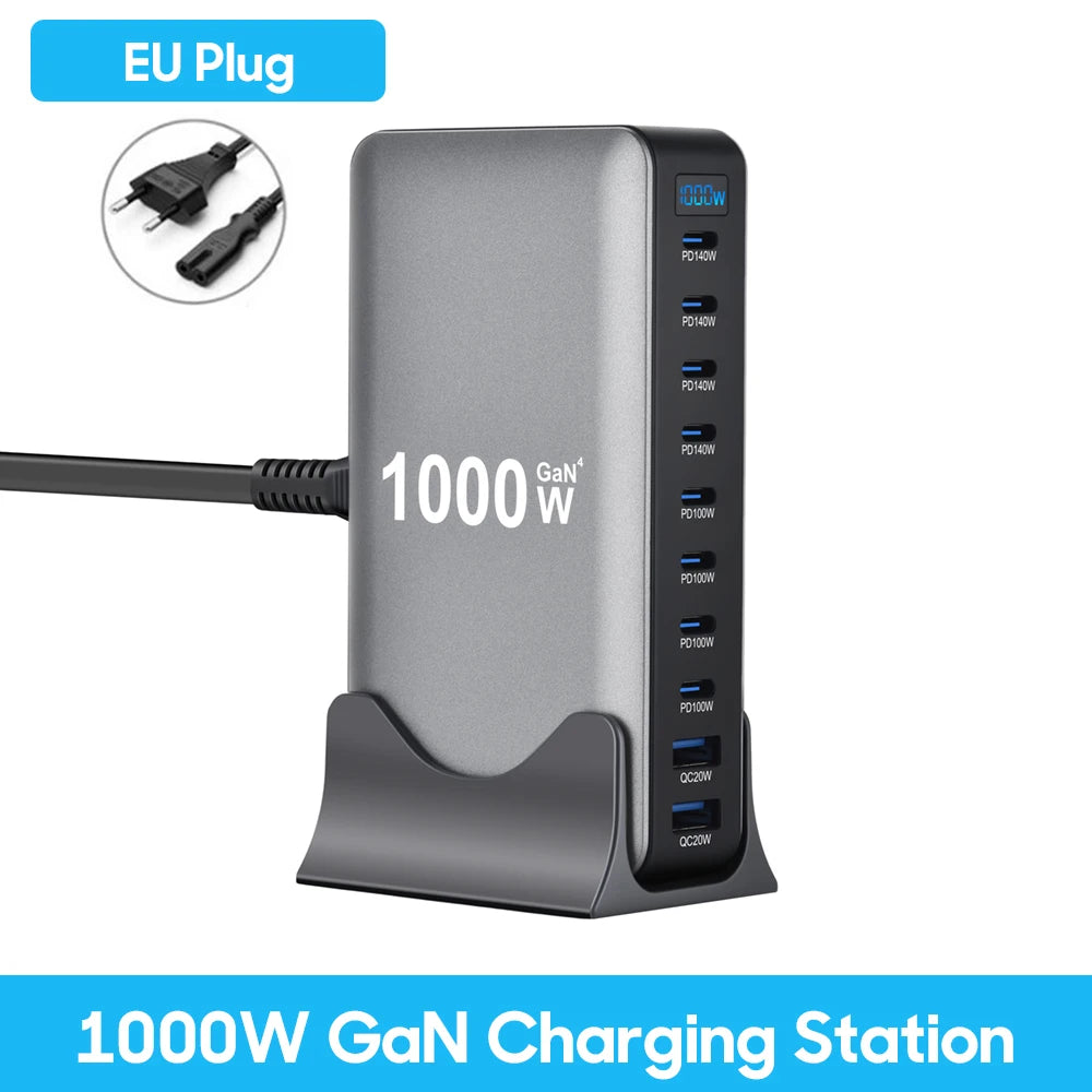 Ultra-Power 1000W GaN Desktop Charger – 10-Port Fast Charging Station