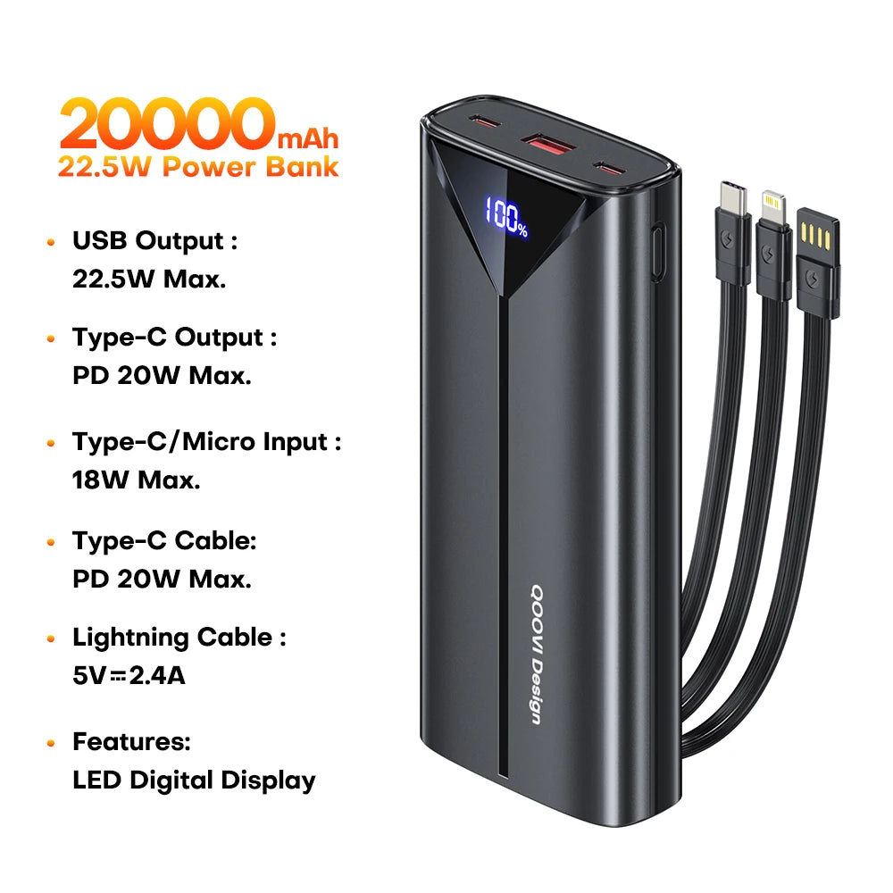 QOOVI 30000mAh Power Bank 22.5W Fast Charge | Built-in Cables | Digital Display | PD Quick Charge