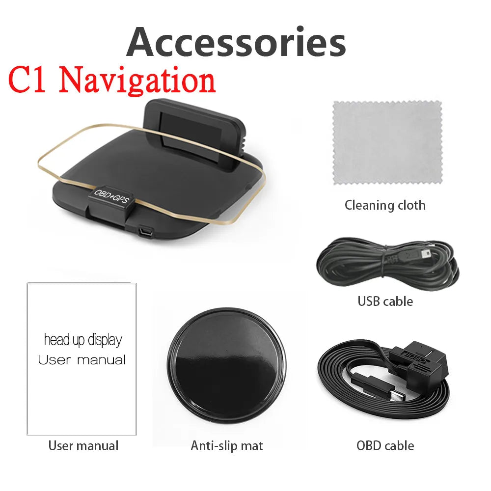 RYSJM C1 / C1 Plus OBD2 + GPS Car Head-Up Display – Navigation Projection HUD with Speed, RPM, Water Temp & Alarm Alerts