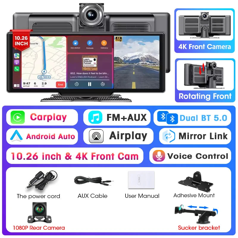 SRNUBI 10.26β 4K Dual Dash Cam with Wireless CarPlay & Android Auto β Front & Rear Camera