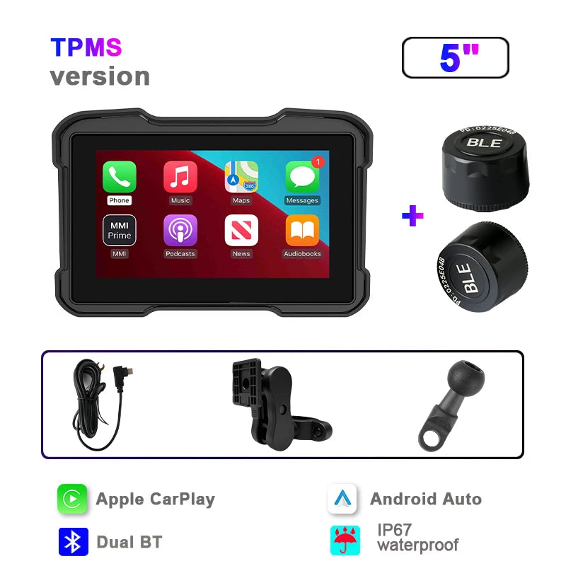 5″ Motorcycle Wireless CarPlay & Android Auto Screen – IPX7 Waterproof Smart Display with Optional TPMS