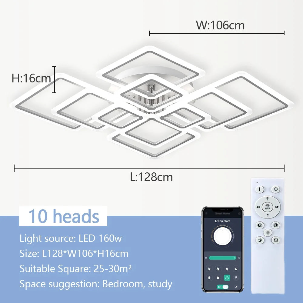 Jelena Modern Square LED Ceiling Lamp | Smart Dimming, 4–10 Head Options