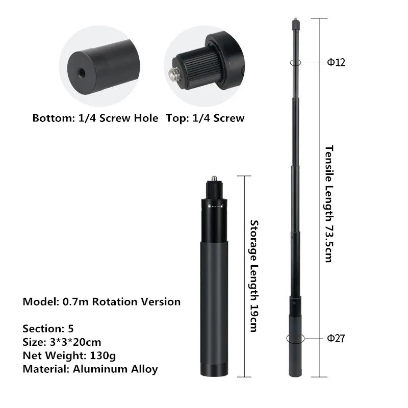 Aluminum Selfie Stick for Insta360, GoPro & DJI Action Cameras