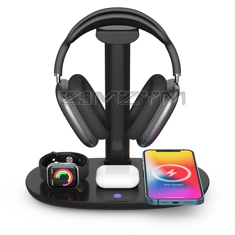 3-in-1 Wireless Charging Headphone Stand – 15W Fast Charge for Phone, Watch & Headset