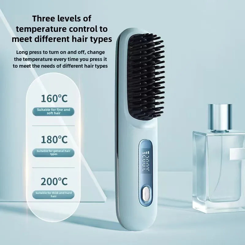 Cordless LCD Hair Straightener Comb โ USB Rechargeable, Portable Anti-Scald Styling Brush