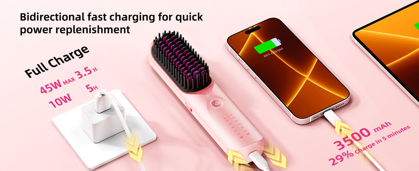 Cordless Hair Straightener Brush – Wireless, Adjustable Heat, Travel-Ready