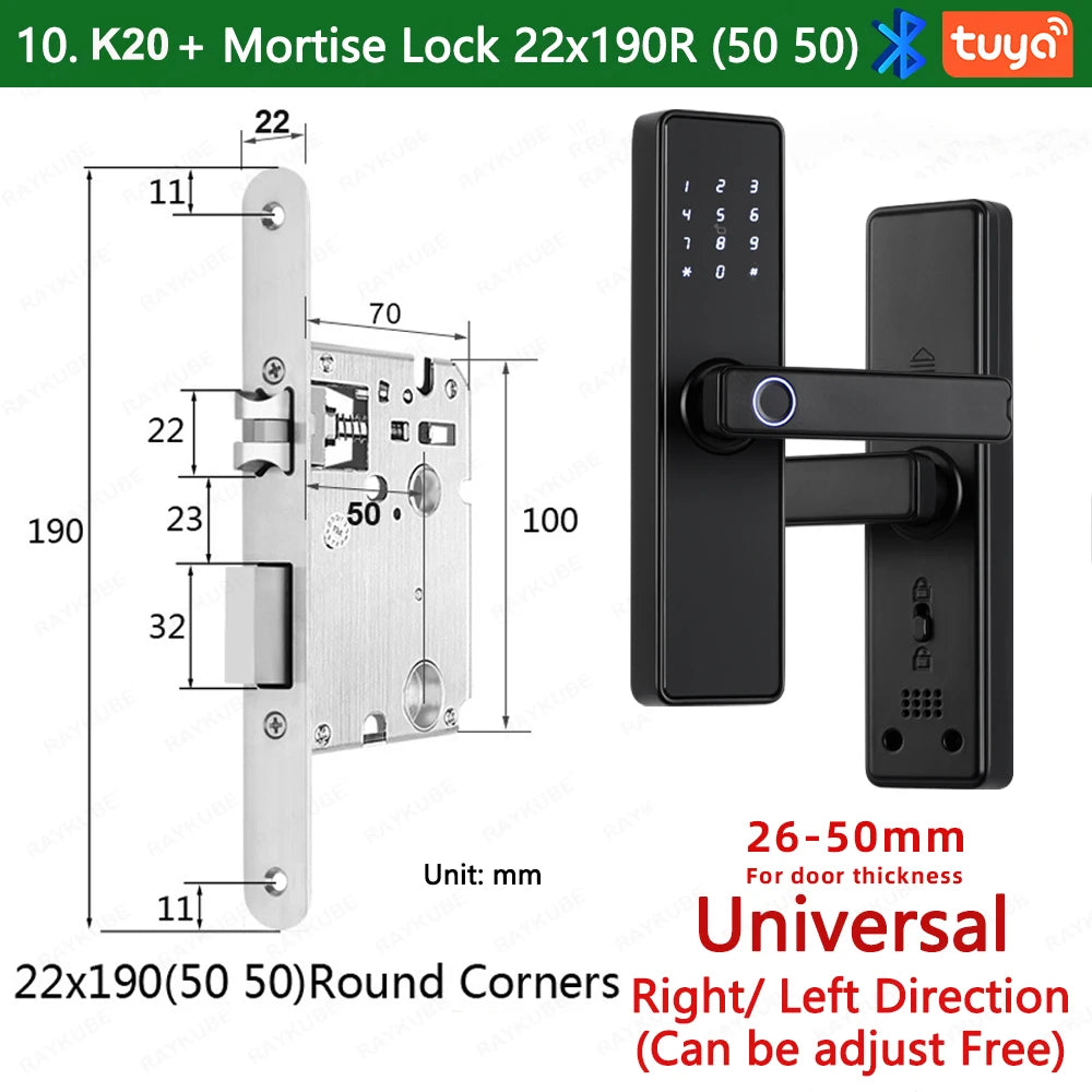 RAYKUBE K20 Smart Fingerprint Door Lock – Tuya Bluetooth App, Card & Password Unlock