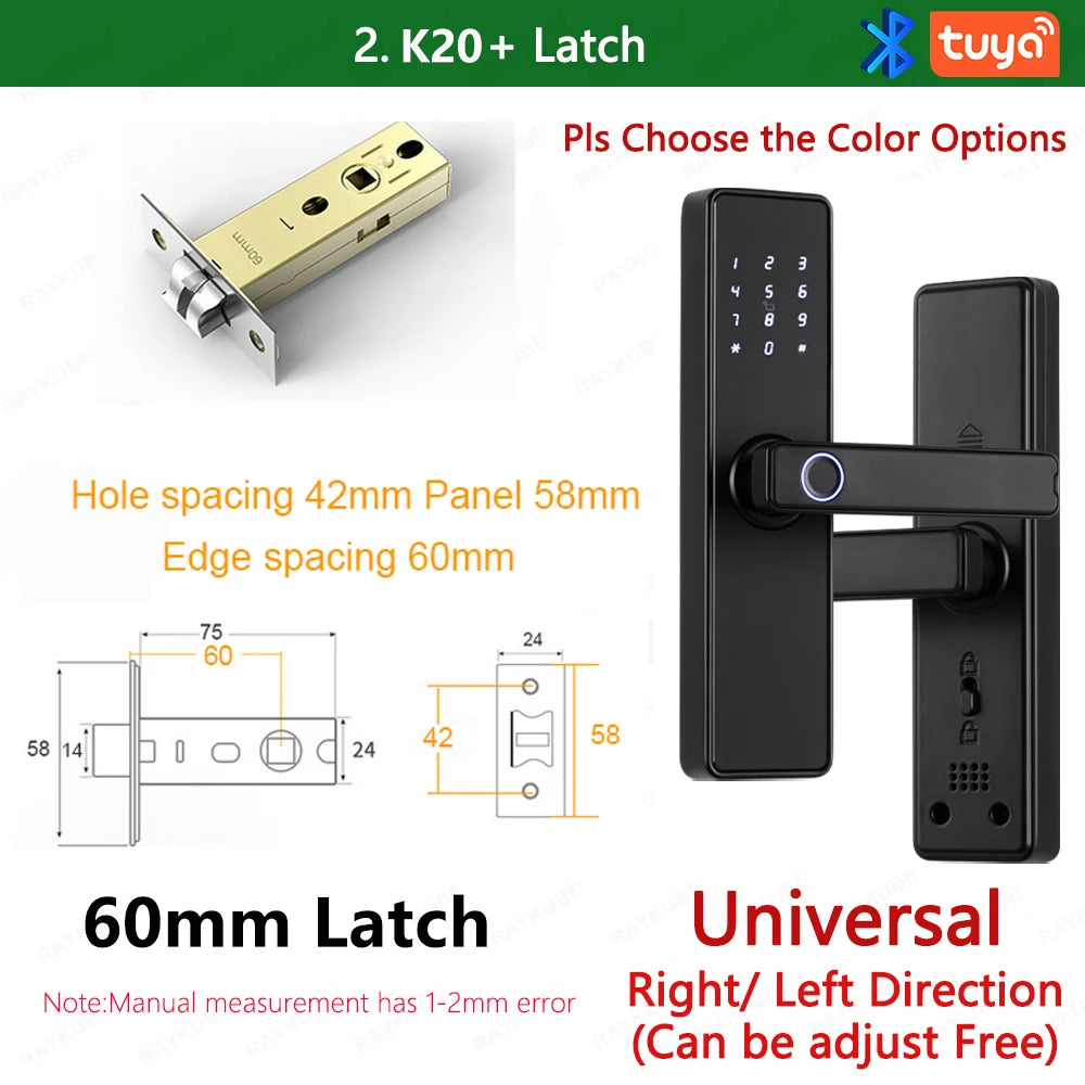 RAYKUBE K20 Smart Fingerprint Door Lock – Tuya Bluetooth App, Card & Password Unlock