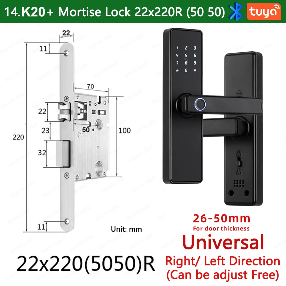 RAYKUBE K20 Smart Fingerprint Door Lock – Tuya Bluetooth App, Card & Password Unlock