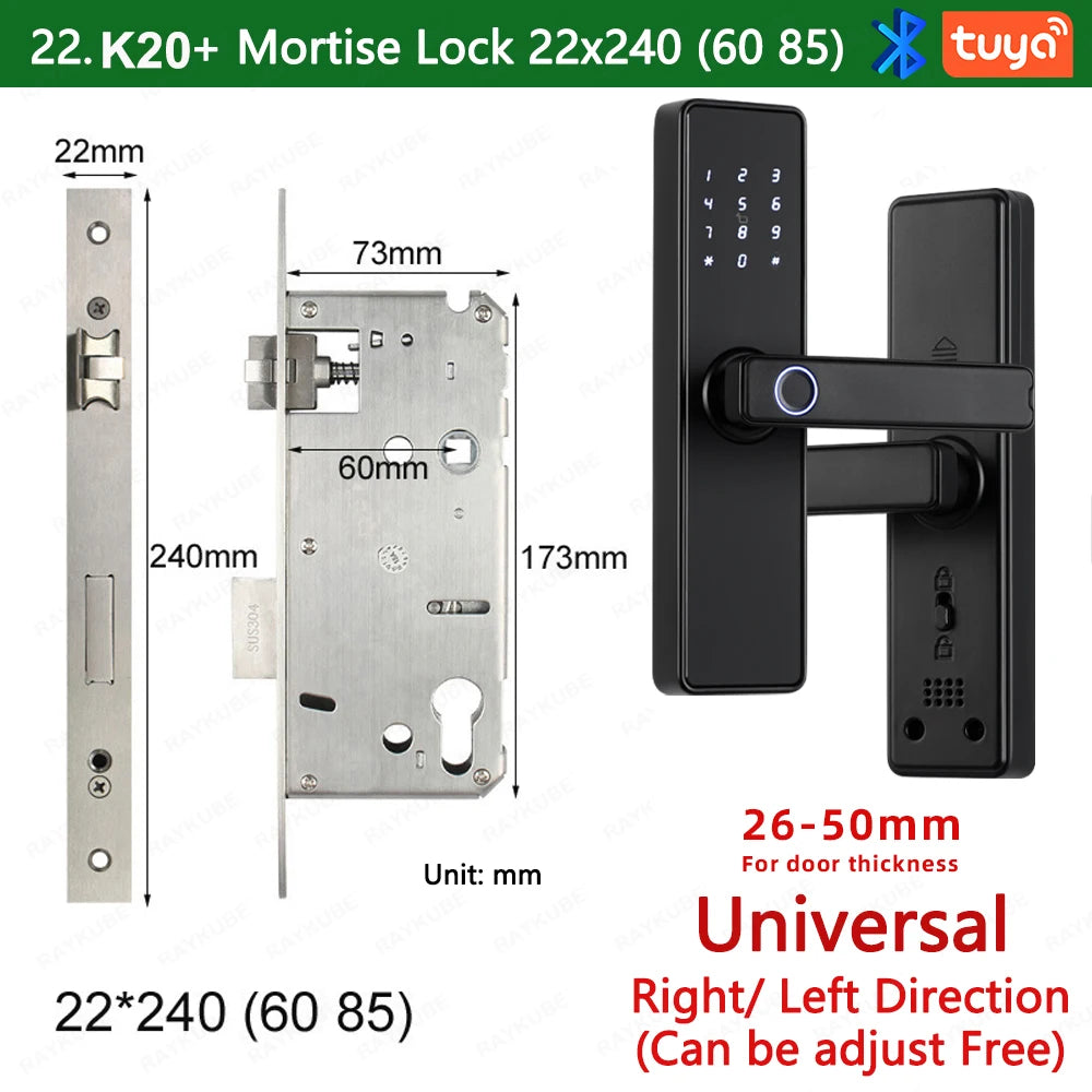 RAYKUBE K20 Smart Fingerprint Door Lock – Tuya Bluetooth App, Card & Password Unlock