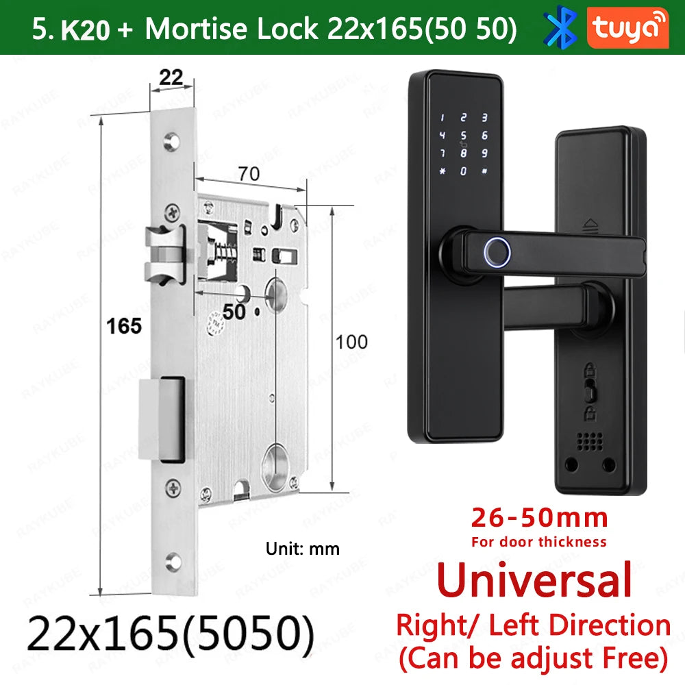 RAYKUBE K20 Smart Fingerprint Door Lock – Tuya Bluetooth App, Card & Password Unlock