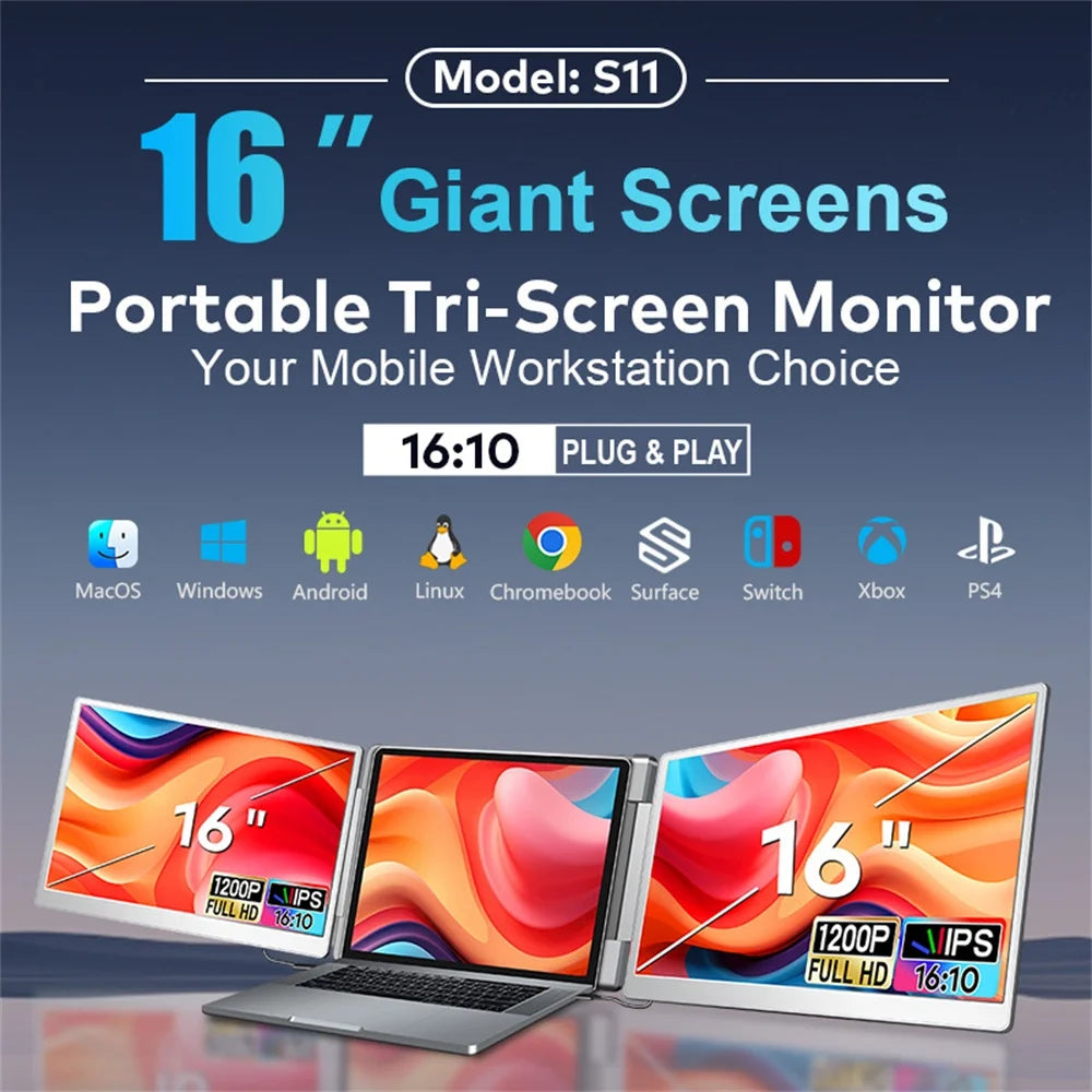 Rospider 16″ Triple Screen Laptop Extender IPS Monitor | 1920×1200 FHD | Dual Rotatable Screens | Type-C Portable Display