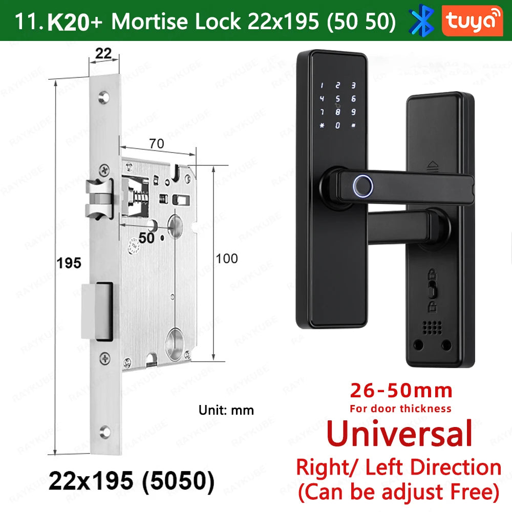 RAYKUBE K20 Smart Fingerprint Door Lock – Tuya Bluetooth App, Card & Password Unlock
