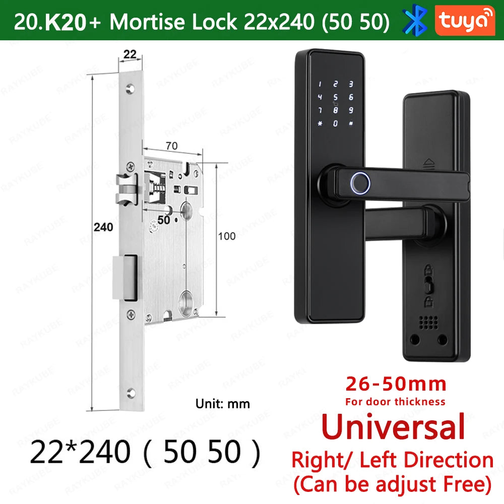 RAYKUBE K20 Smart Fingerprint Door Lock – Tuya Bluetooth App, Card & Password Unlock