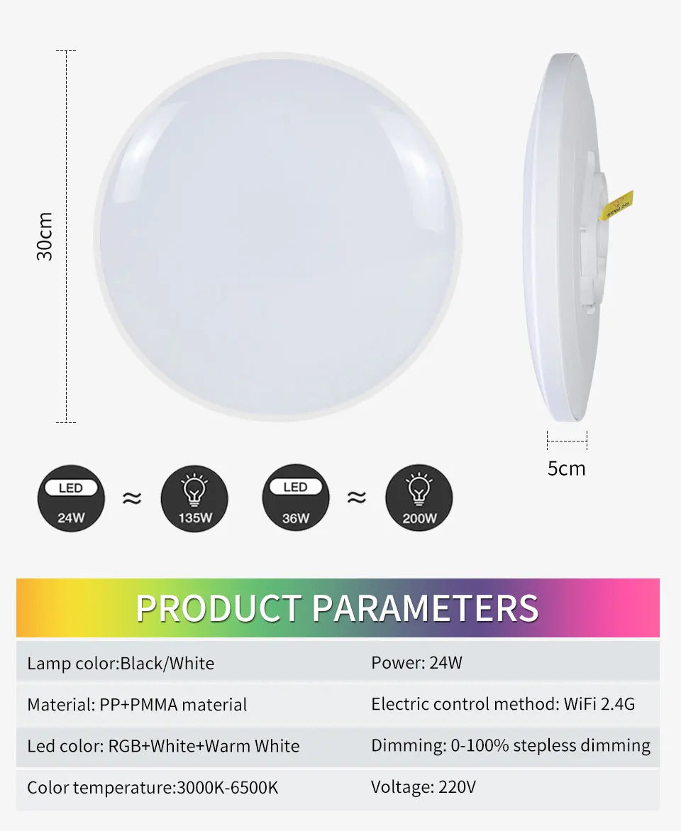 Tuya Smart LED Ceiling Light | WiFi RGB Dimmable 24W Modern Lamp