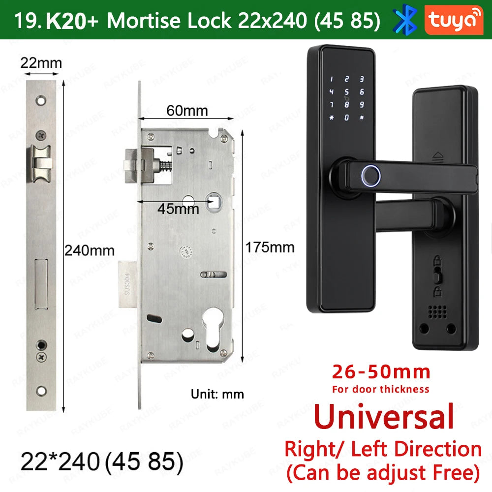 RAYKUBE K20 Smart Fingerprint Door Lock – Tuya Bluetooth App, Card & Password Unlock