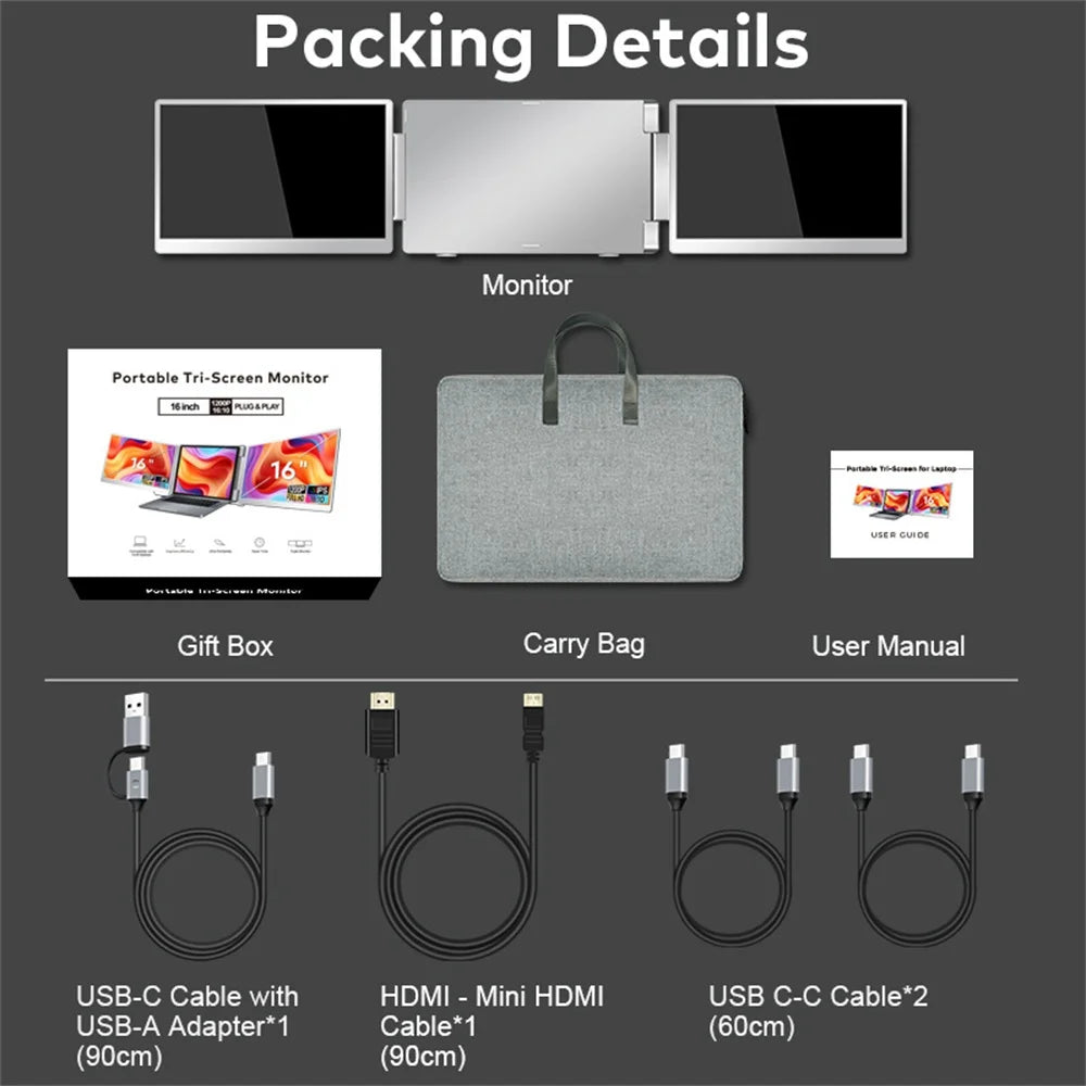 Rospider 16″ Triple Screen Laptop Extender IPS Monitor | 1920×1200 FHD | Dual Rotatable Screens | Type-C Portable Display