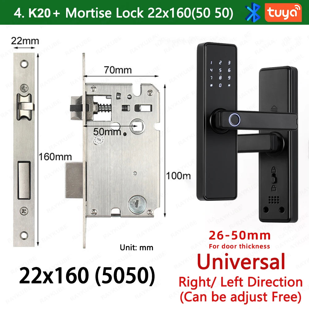 RAYKUBE K20 Smart Fingerprint Door Lock – Tuya Bluetooth App, Card & Password Unlock