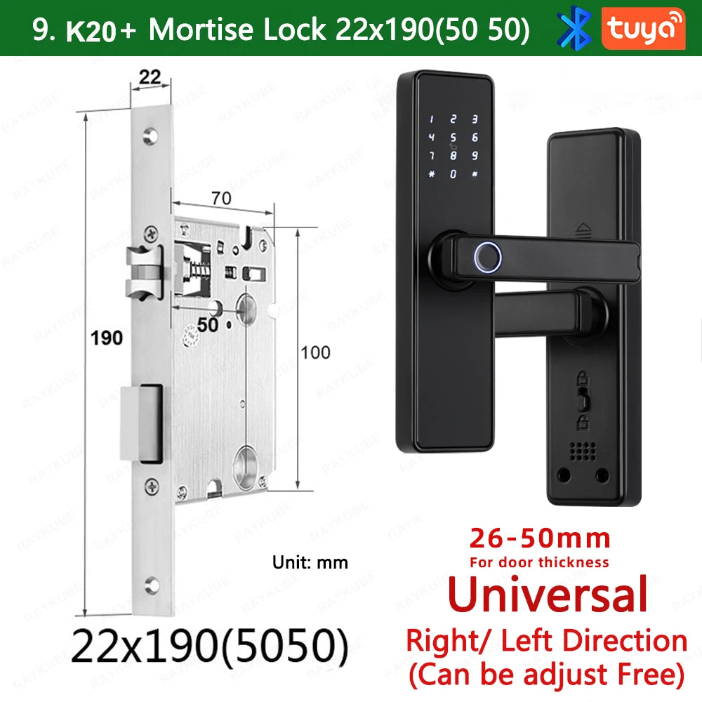 RAYKUBE K20 Smart Fingerprint Door Lock – Tuya Bluetooth App, Card & Password Unlock