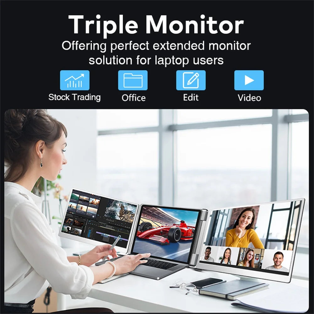 Rospider 16″ Triple Screen Laptop Extender IPS Monitor | 1920×1200 FHD | Dual Rotatable Screens | Type-C Portable Display