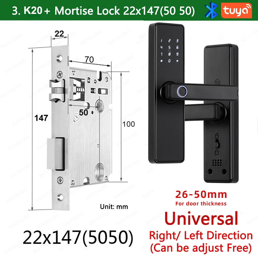 RAYKUBE K20 Smart Fingerprint Door Lock – Tuya Bluetooth App, Card & Password Unlock