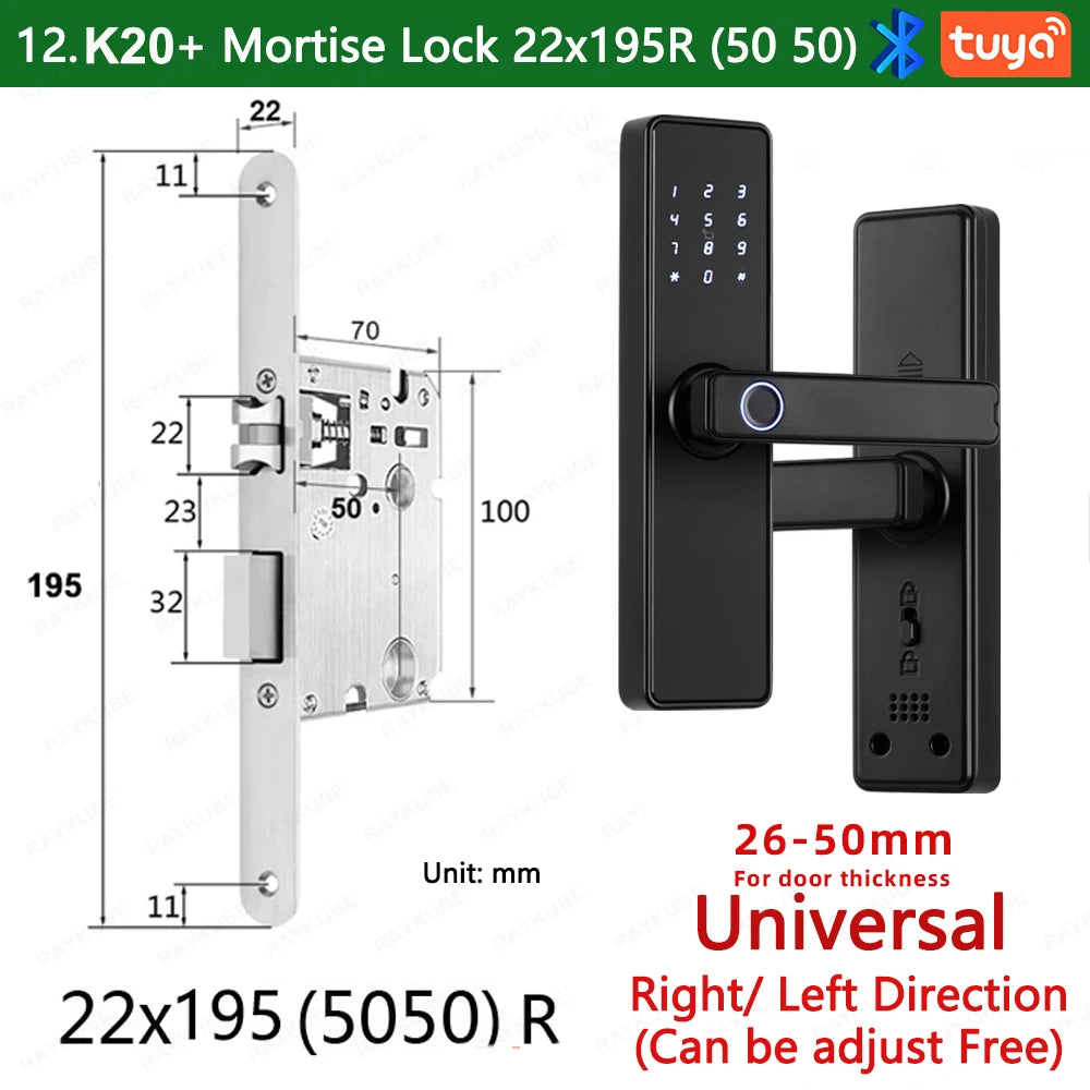 RAYKUBE K20 Smart Fingerprint Door Lock – Tuya Bluetooth App, Card & Password Unlock