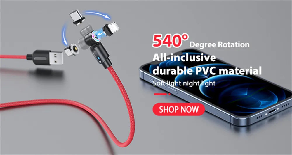 3-in-1 Magnetic USB Cable – 540° Rotation, Strong Magnet, 2.4A Charging