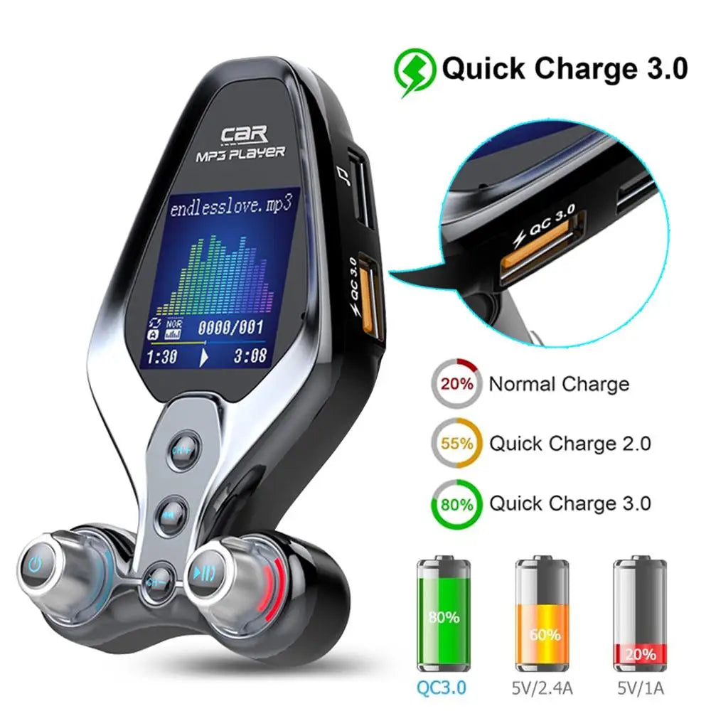 JINSERTA Bluetooth FM Transmitter with Dual USB QC3.0 Fast Charging & TFT Display – Hands-Free Car Kit (BT 5.0)