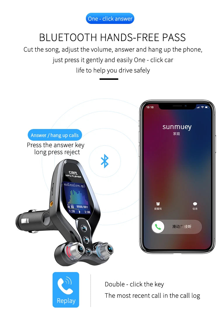 JINSERTA Bluetooth FM Transmitter with Dual USB QC3.0 Fast Charging & TFT Display – Hands-Free Car Kit (BT 5.0)