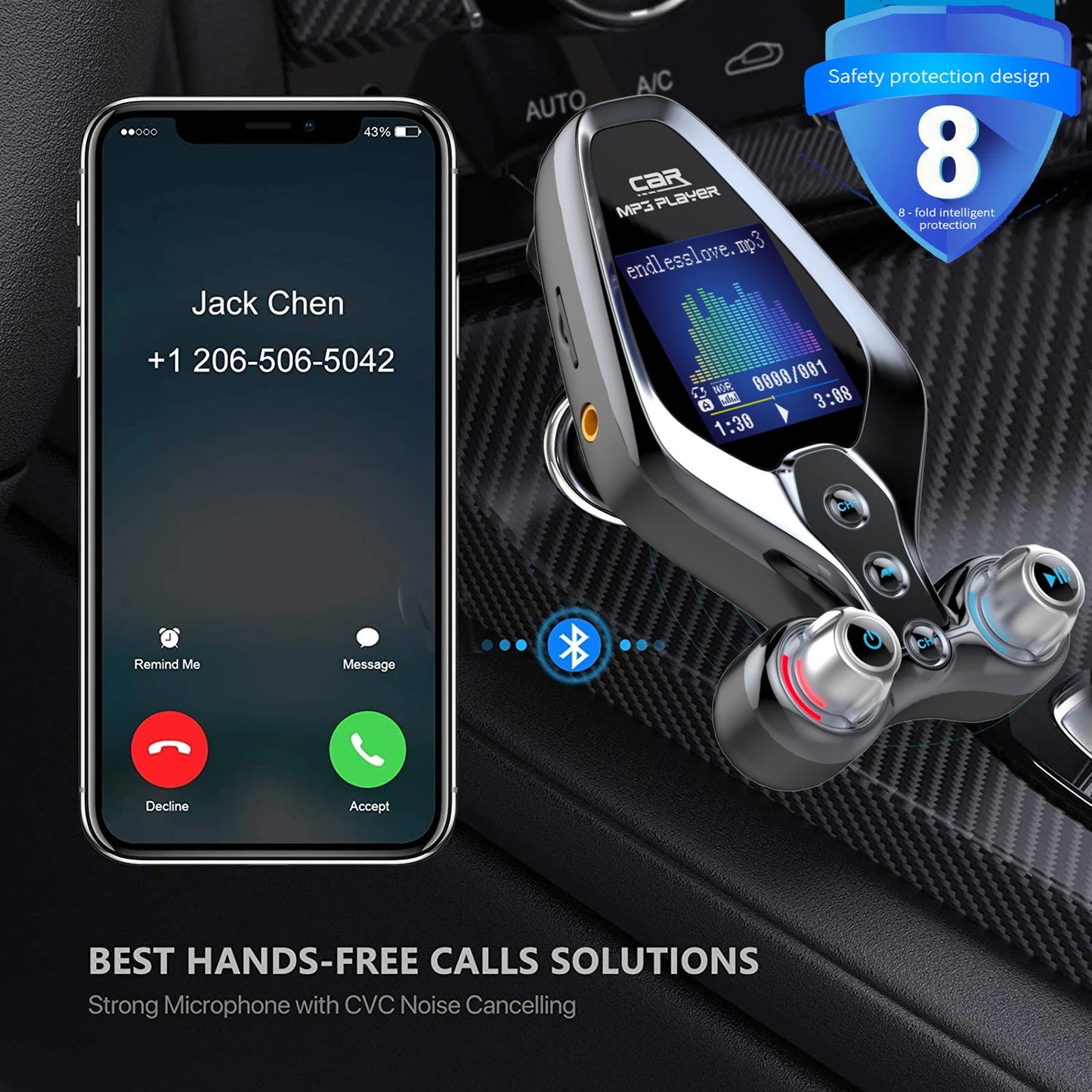 JINSERTA Bluetooth FM Transmitter with Dual USB QC3.0 Fast Charging & TFT Display – Hands-Free Car Kit (BT 5.0)