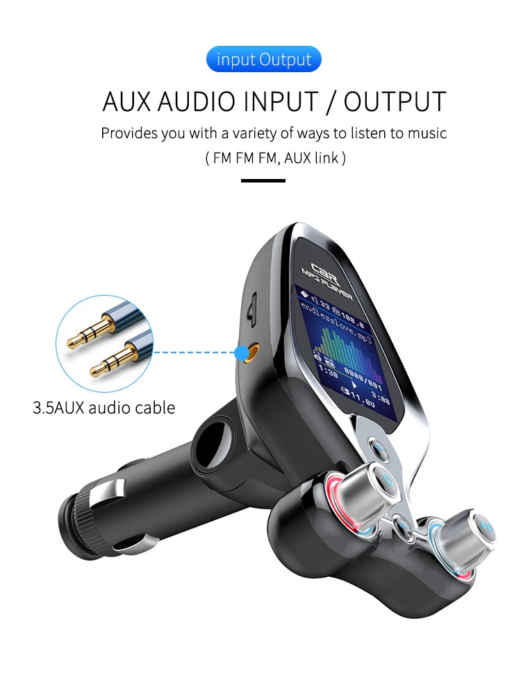 JINSERTA Bluetooth FM Transmitter with Dual USB QC3.0 Fast Charging & TFT Display – Hands-Free Car Kit (BT 5.0)
