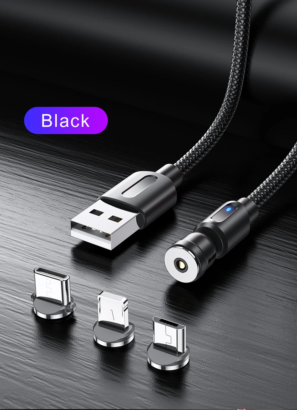 3-in-1 Magnetic USB Cable – 540° Rotation, Strong Magnet, 2.4A Charging