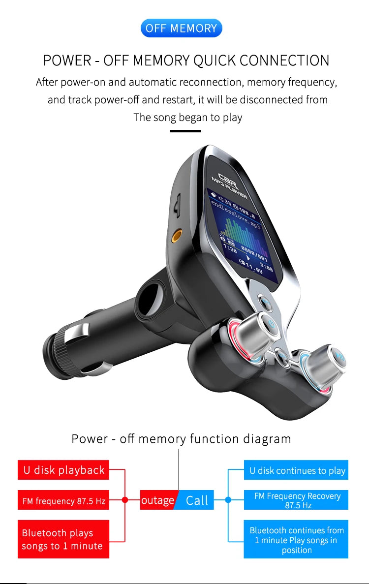 JINSERTA Bluetooth FM Transmitter with Dual USB QC3.0 Fast Charging & TFT Display – Hands-Free Car Kit (BT 5.0)