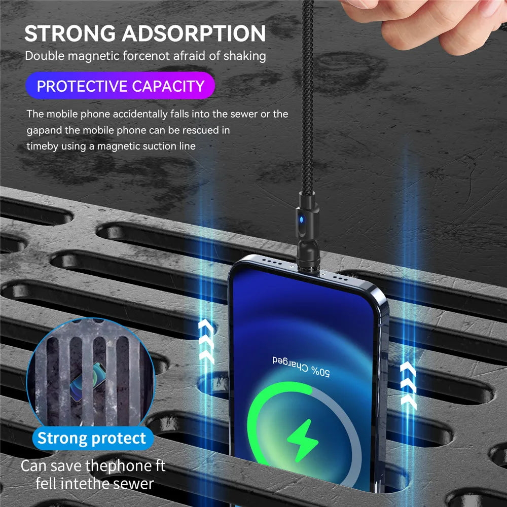 3-in-1 Magnetic USB Cable – 540° Rotation, Strong Magnet, 2.4A Charging